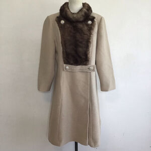 Youth Craft Women Vintage Beige Pea Coat with Brown Faux Fur Trim M
